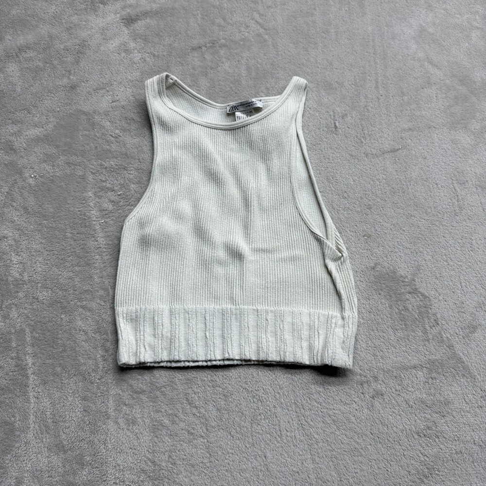 Zara Tank Top Women's XS-S Cream Ribbed High Neck‎ Cropped Knit Basic Streetwear